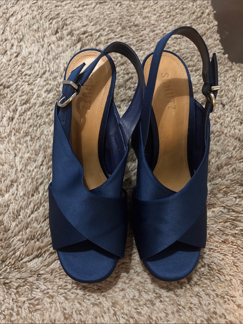 Schutz Deep Navy Satin Crossover Slingback Heels